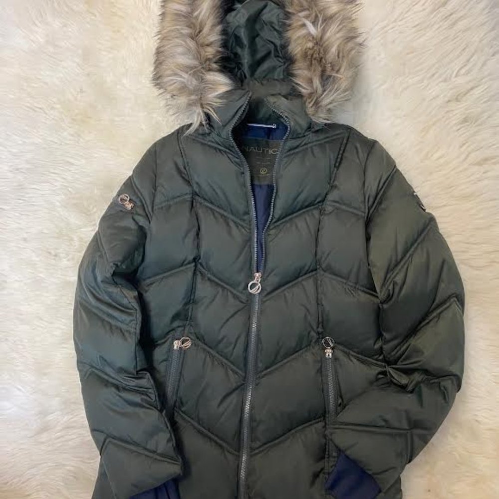NWT $195 NAUTICA Women XS Winter Snow Puffer Jacket with Faux Fur Trim Green - Picture 6 of 11